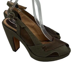 Marni Green Canvas & Brown Leather Peep Toe Slingback Platform Heels EU 40 US 10